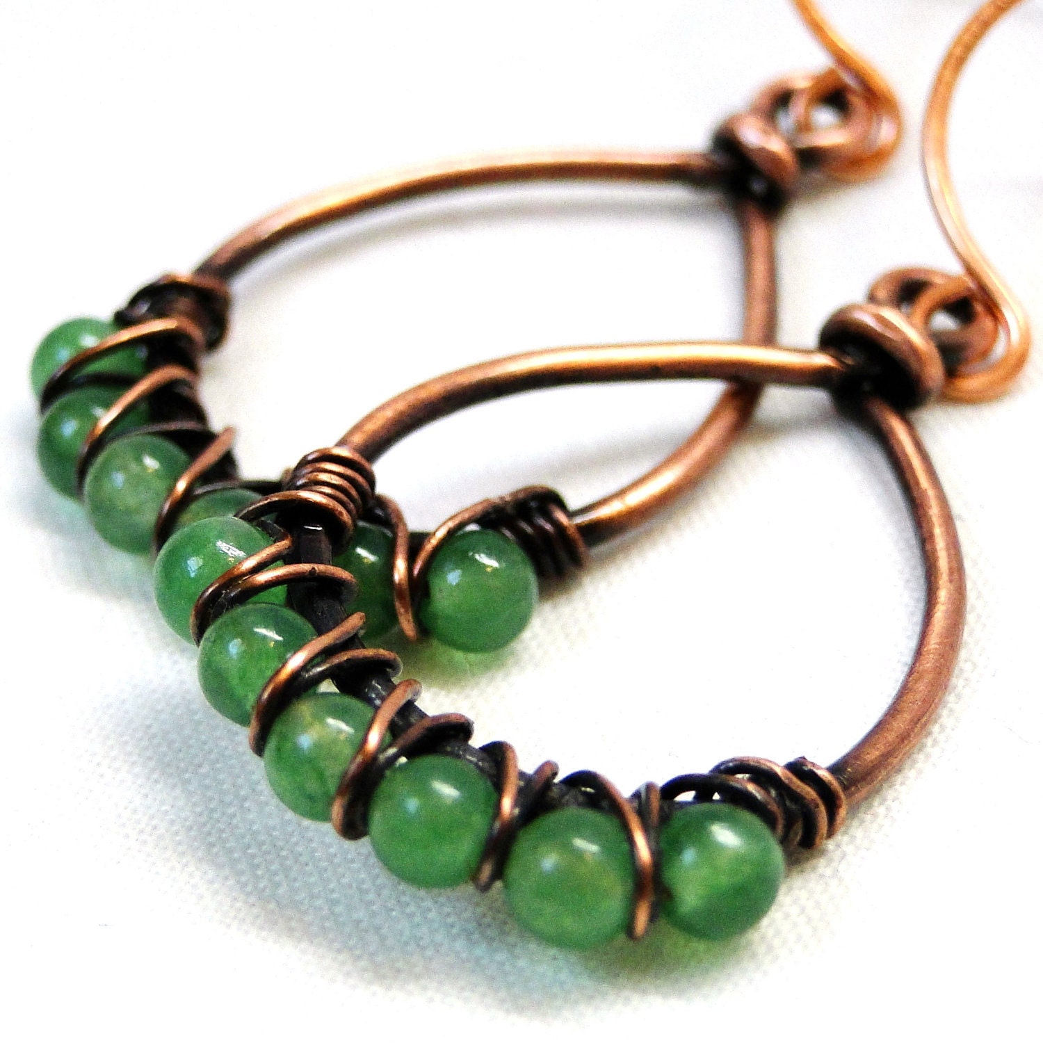 Beaded Earrings, Green Aventurine, Antiqued Copper, Wire Wrapped Jewelry, Teardrop Earrings