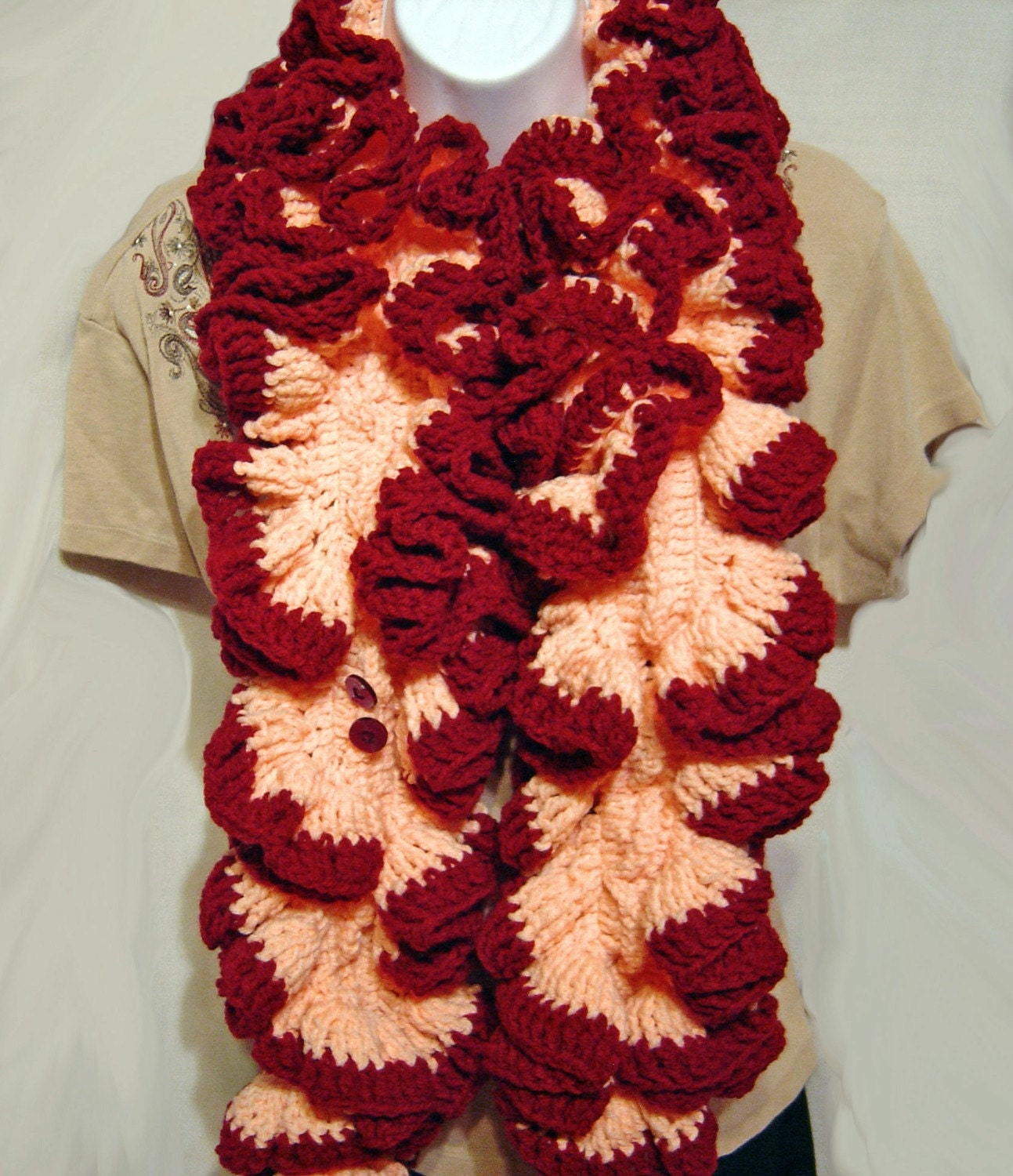 ON SALE, Hand crochet light coral and burgundy ruffle scarf.  Includes Shipping in the U.S.