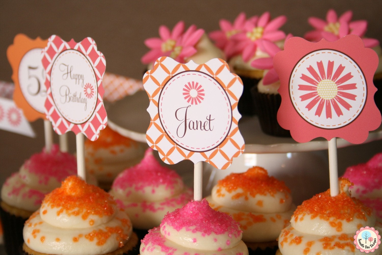 Printable Hot Pink and Orange Daisy Cupcake Toppers - Daisy Collection by Tweedle Dee Designs