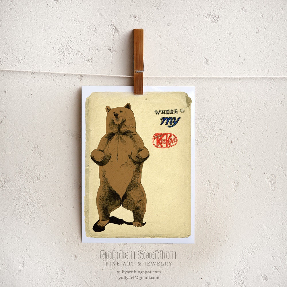 Kit Kat Bear cute animal drawing print gift for him dude man geek father dad husband hunter humor sepia brown word gag retro woodland letter