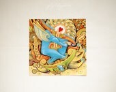 Love - romantic print modern fine art surreal illustration drawing painting imagination fantasy cupid red heart couple yellow aqua sunshine