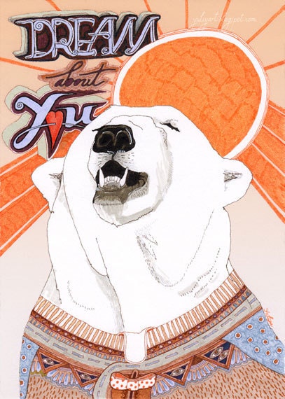 Bear drawing animal print nursery decor cute illustration love north pole orange sun white winter arctic snow geometric sweater dude man red