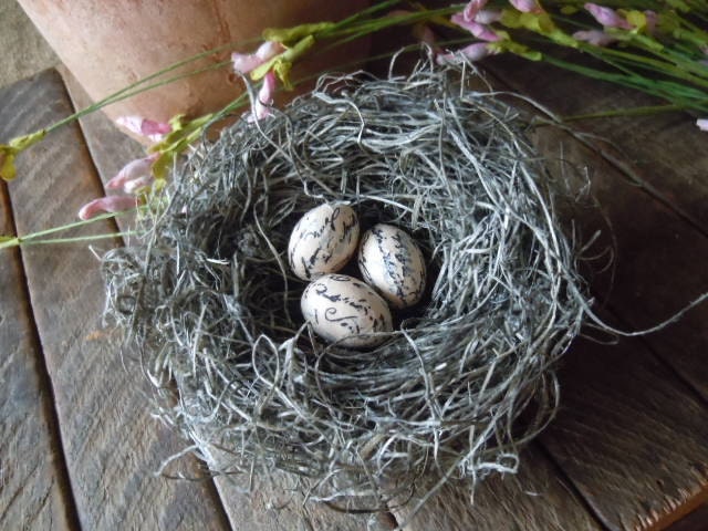 Romantic French Inspired Shabby Chic Handmade Bird Nest with Vanilla Ivory Script Eggs Wedding Decor by AMarigoldLife