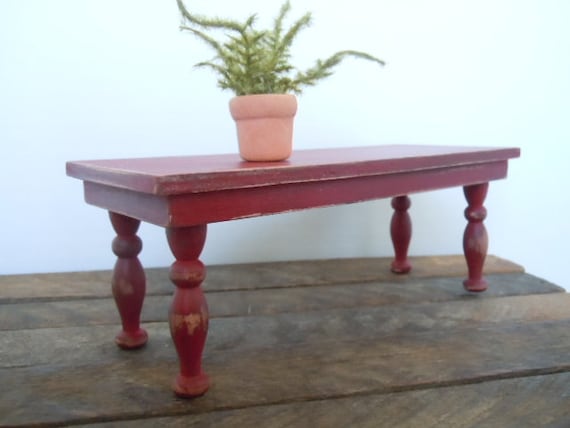 Dollhouse Miniature Wood Table Farmhouse Red Shabby Chic Romantic Handmade Mini Decor