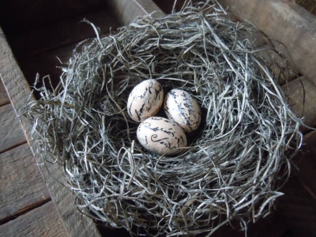 Romantic French Inspired Shabby Chic Handmade Bird Nest with Vanilla Ivory Script Eggs Wedding Decor by AMarigoldLife