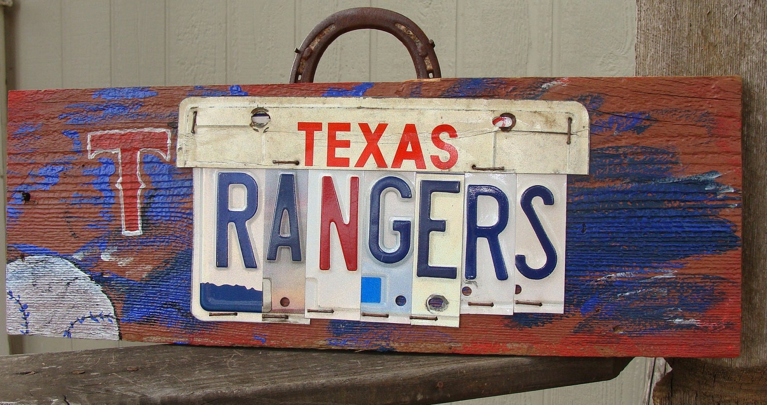 Texas Rangers Baseball License plate Barn Wood Man Cave Sign