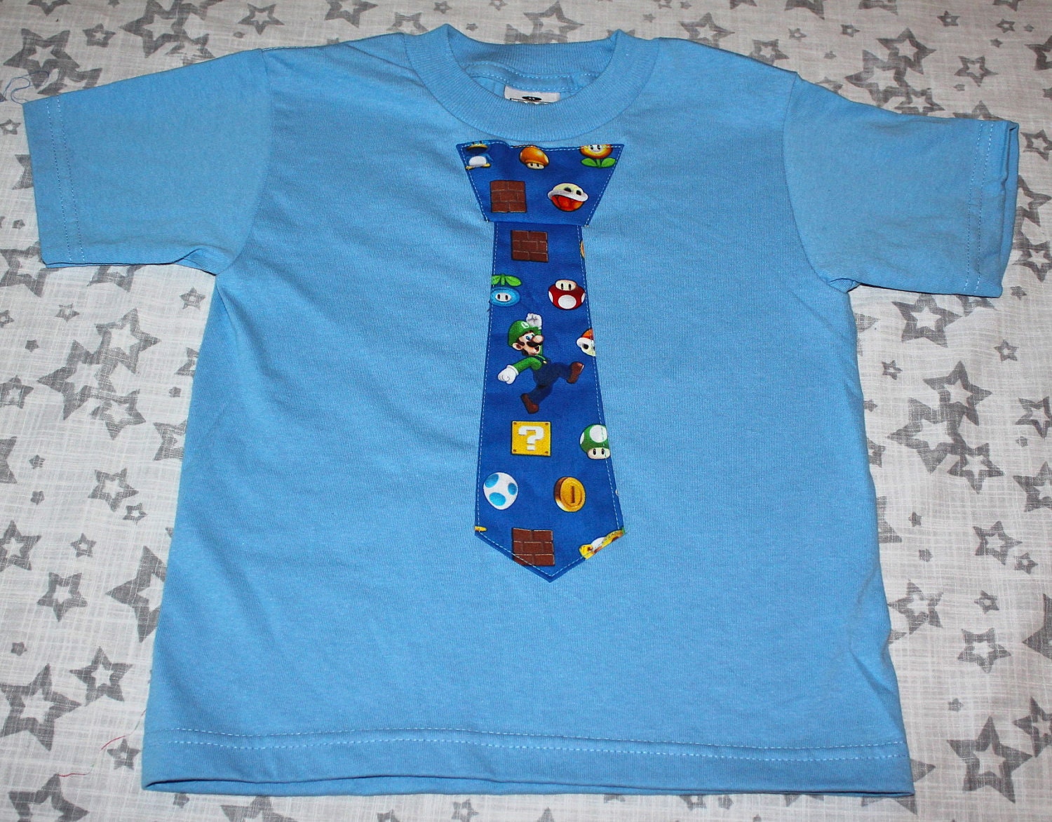 Boy's T Shirt with Tie Applique size 3/4T - Super Mario on Blue - Ready to Ship