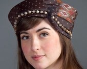 Brown Turban Made From Repurposed Neckties with Vintage Seed Bead Band