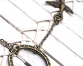 Inspiration Antique Gold Circle with Tiny Sparrow Necklace -- Love Dream Hope Trust -- Choose your pearl color