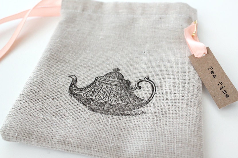 Vintage Teapot Stamped Handmade Drawstring Pouches With Tea Time Tags - Party Favors - Set of 25