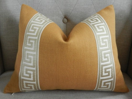 Decorative Designer Lumbar pillow cover - 12X16 - Solid Heavy Belgian linen fabric in a camel color with attached greek key trim