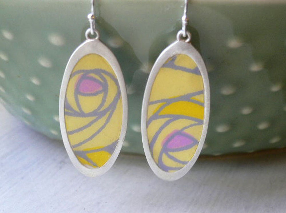 Reversible Resin Earrings - Long Oval - Japanese Paper Indigo Blue & Yellow