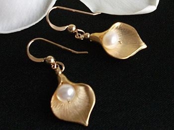 Golden Calla Flower Earrings with white freshwater pearls