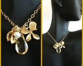 Large Citrine briolette, 3 Custom Initial leaf, freshwater pearl, Orchid Necklace, Birthday gift, Wedding, Bridesmaids