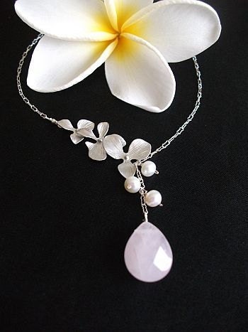 Sterling Silver Lariat Style Rose Quartz and Pearl Orchid Necklace, Weeding, Anniversary, Birthday gift