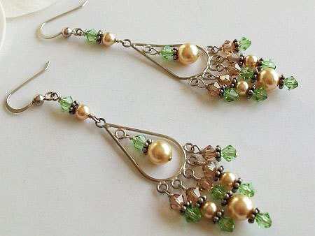 Sterling Silver Long Chandelier Peacock Swarovski Crystlal and Pearl Earrings by AnnTig, Christmas, Birthday gift