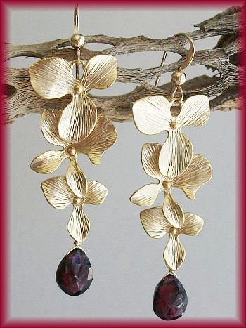 14k GF GP Triple Orchid with natural Garnet Briolette Earrings