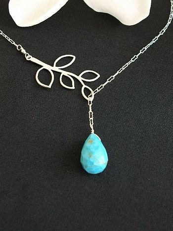 Delicate leaf branch Sterling Silver Lariat Necklace with Turquoise Briolette for Wedding, Bridesmaid Gift, Bridal
