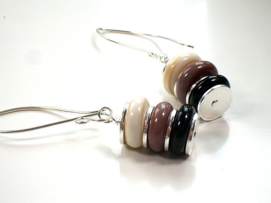 Lampwork Stacked Earrings. Statement Jewelry.  OOAK. Black Lavender and Ivory.  XENOBIA