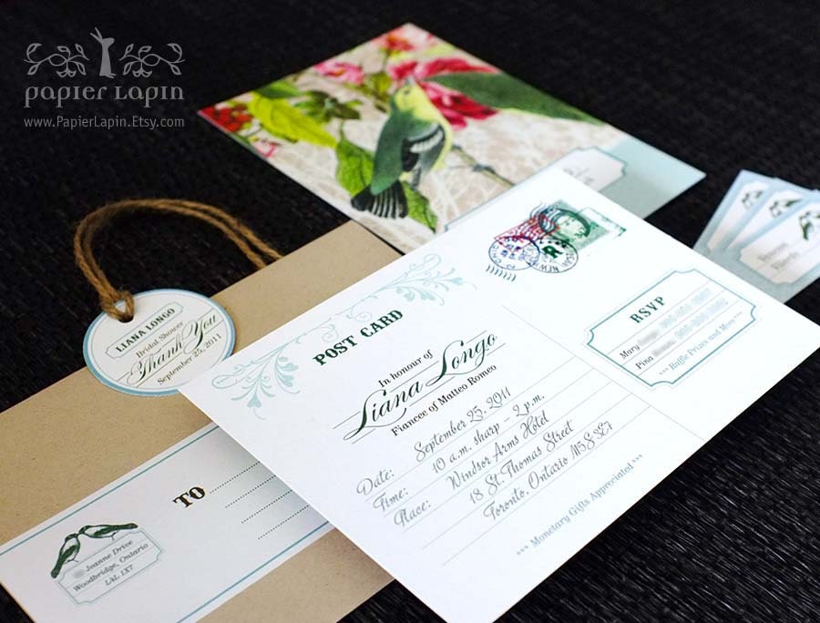 Love Birds // Postcard style bridal shower invitation, bird and flower illustration in retro style, vintage print // DEPOSIT