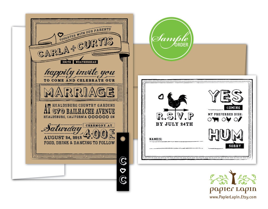 Chalky - quirky wedding invitation, eco friendly, kraft paper, black tag, mix & match, affordable - SAMPLE