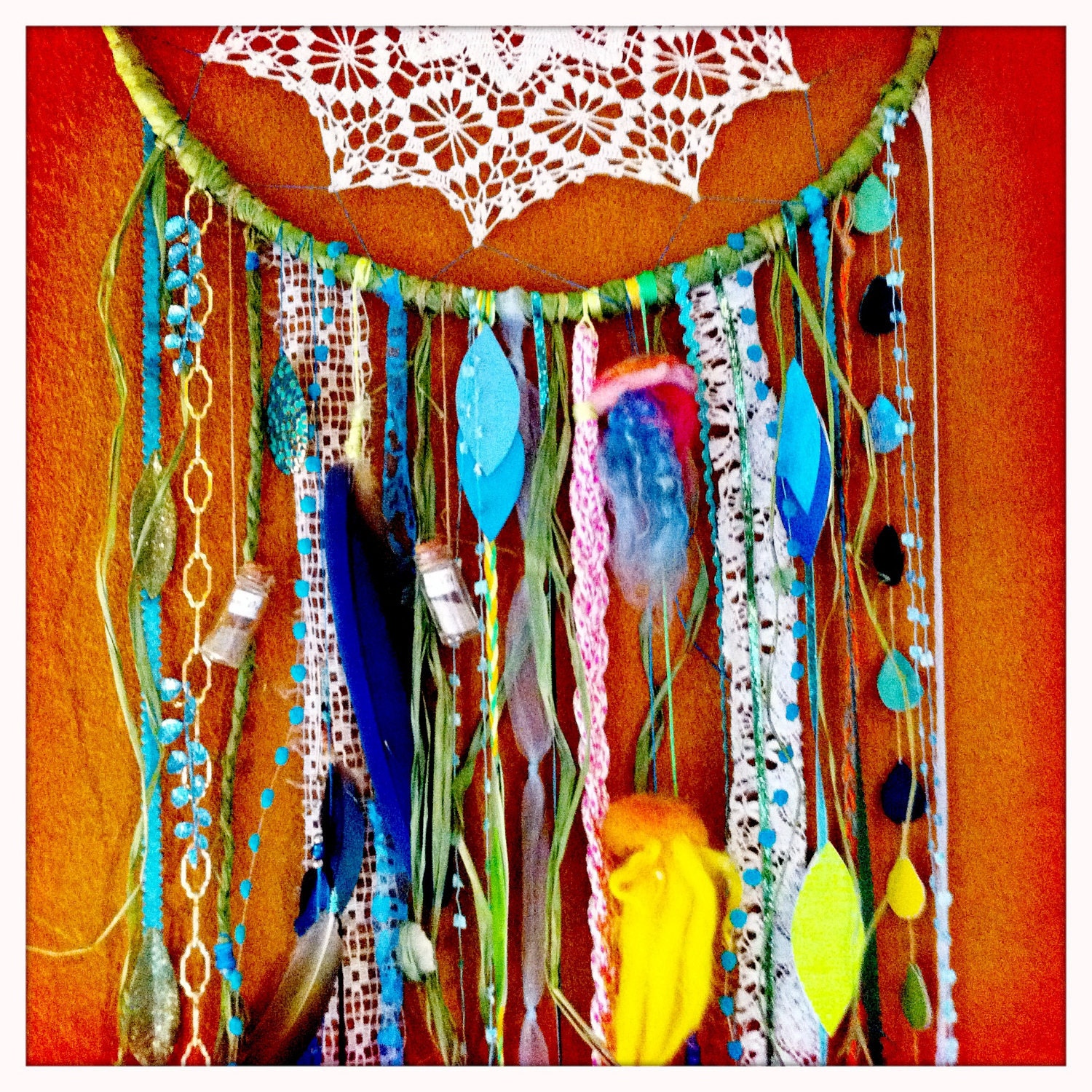 Lahaina Aloha huge 6' dream catcher FREE SHIPPING vintage lace, doily, parrot feathers