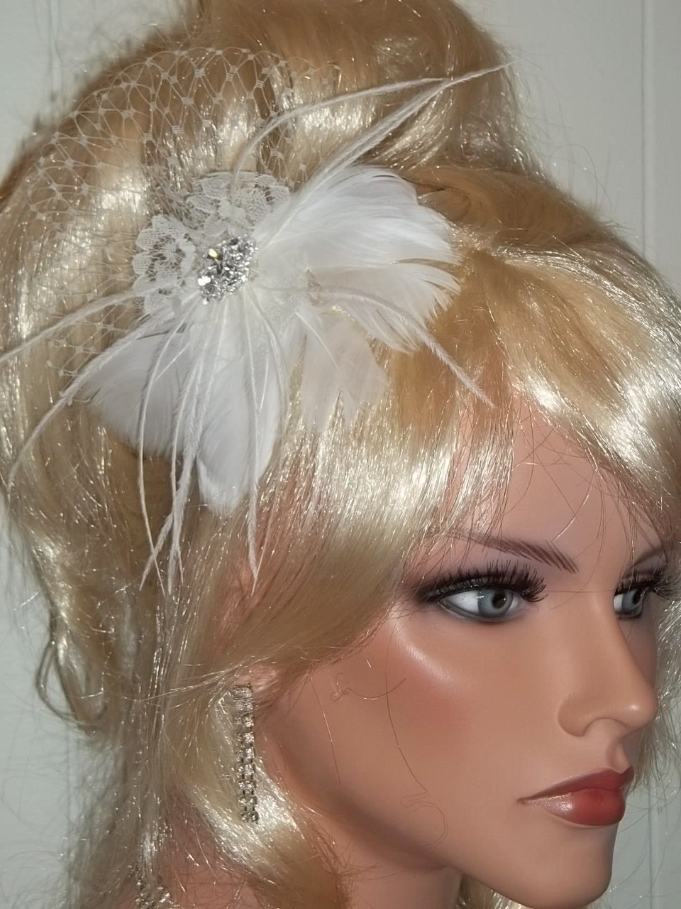 Ivory Bridal Fascinator, Vintage Lace, Feathers, French Netting, Rhinestone Jewel