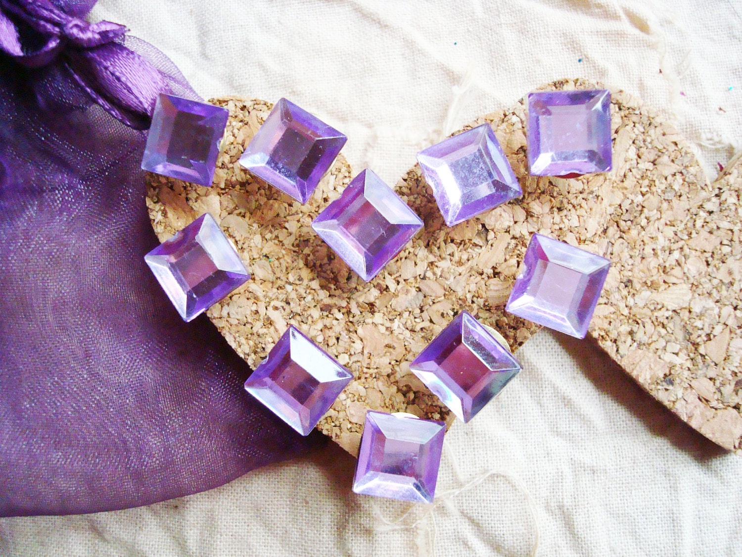 Amethyst Thumb Tacks - Princess Cut Rhinestones  - Shabby Chic Set of 10