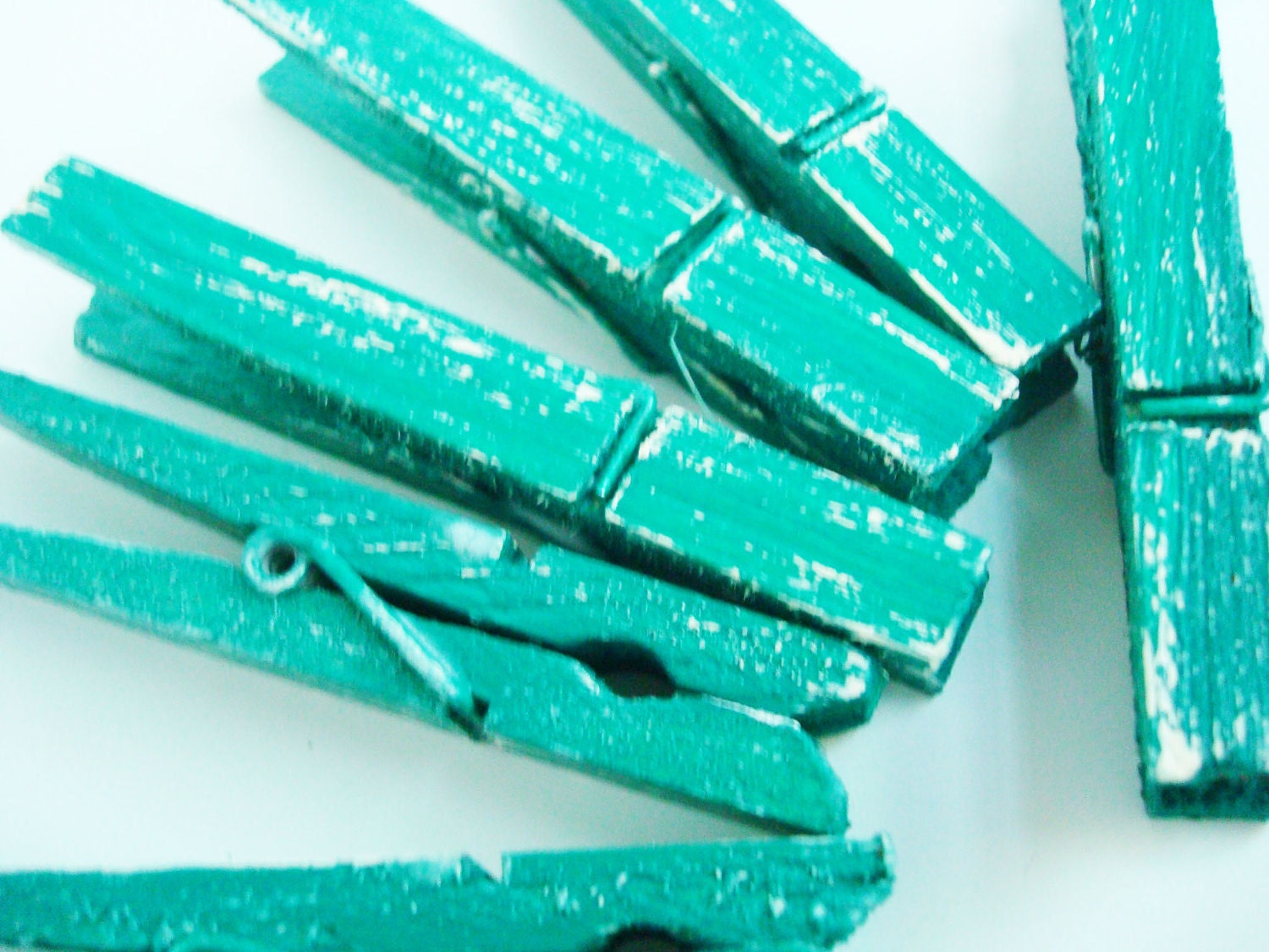 Dark Peacock & Cream (Teal/Ivory) Distressed Clothes Pins - Set of 6 - Beach Cottage Garden French Market Shabby Chic