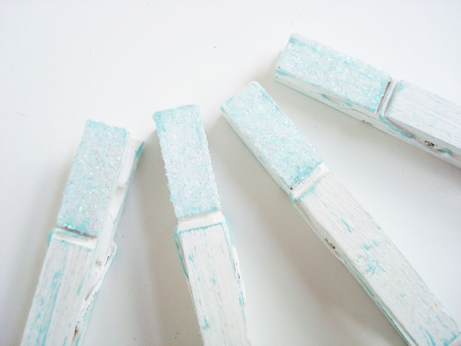Tofu & Sky (White/Blue) with Blue Fairy Sprinkles Distressed Clothes Pins - Shabby Chic Set of 6