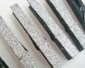 Raven & Tofu (Black/White) Distressed Clothes Pins with Silver Dust - Shabby Chic Set of 6