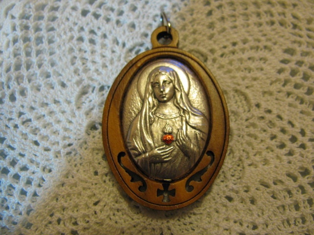 Silver and Olive Wood Immaculate Sacred Heart Mary & Jesus Religious Jewelry pendant for rosary necklace charm bracelet