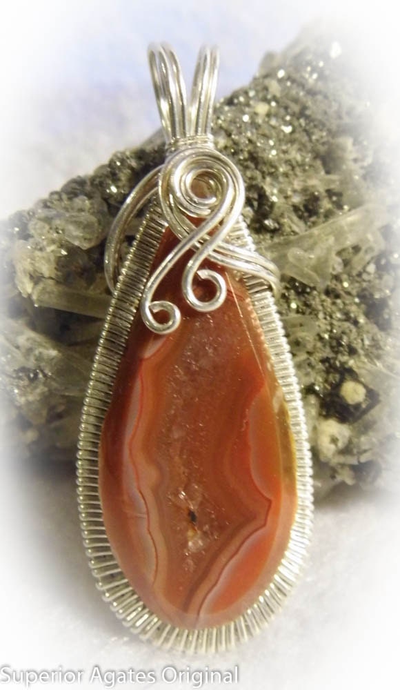 Red Drusy Lake Superior Agate Wire Wrapped Pendant
