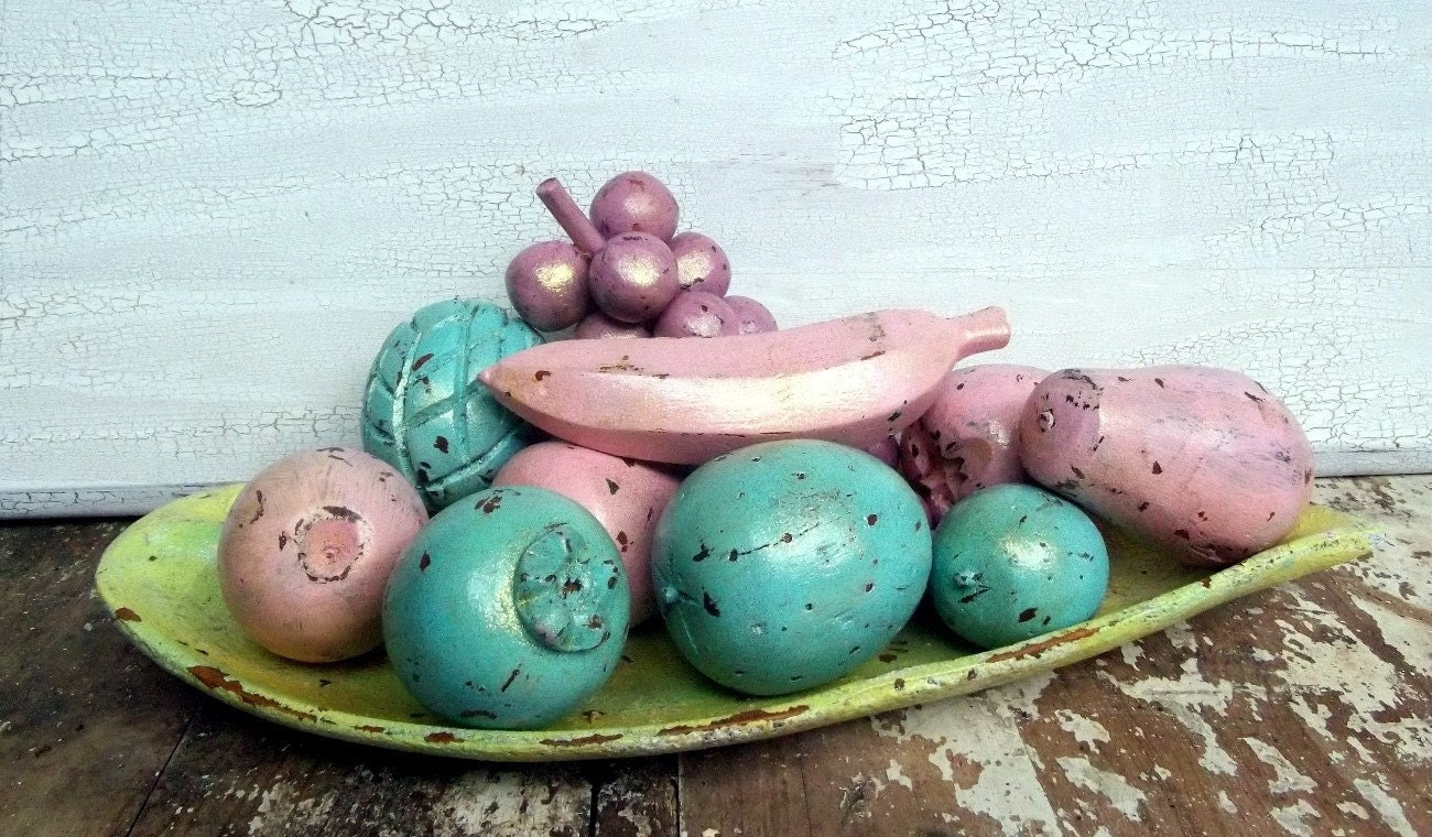 Wooden Fruit & Vegetable Bowl Display Pink Turquoise Blue Home Decor Weddings Cottage Chic Rustic Farmhouse Pastel