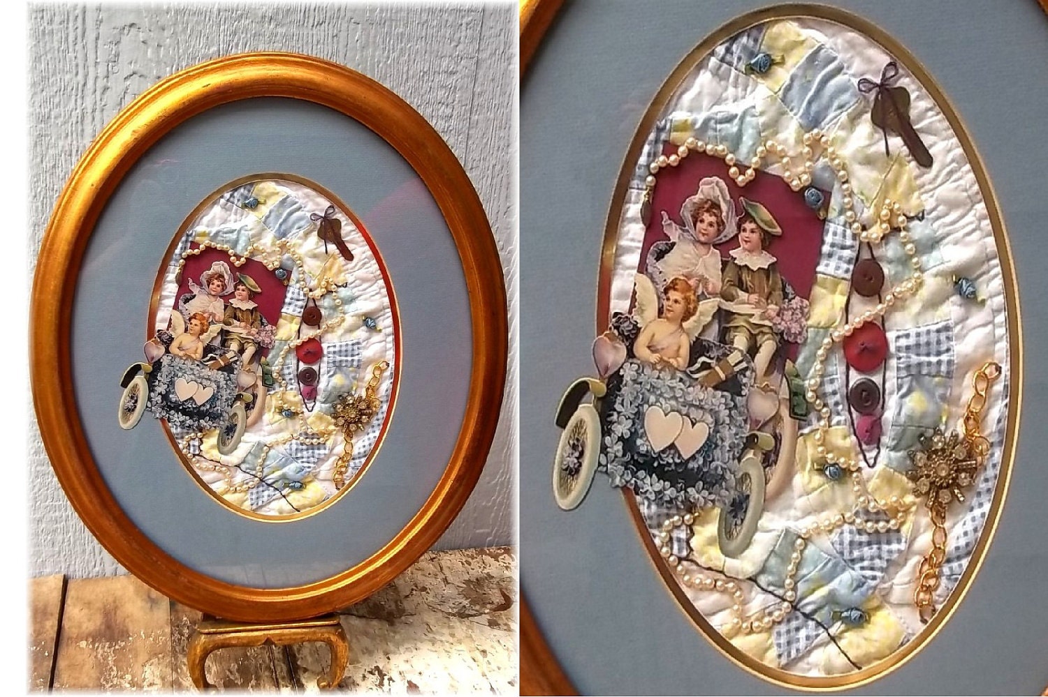 Framed Quilt Collage Victorian Cottage Chic Altered Art Mixed Media Home Decor Farmhouse Large Oval Framed Collage