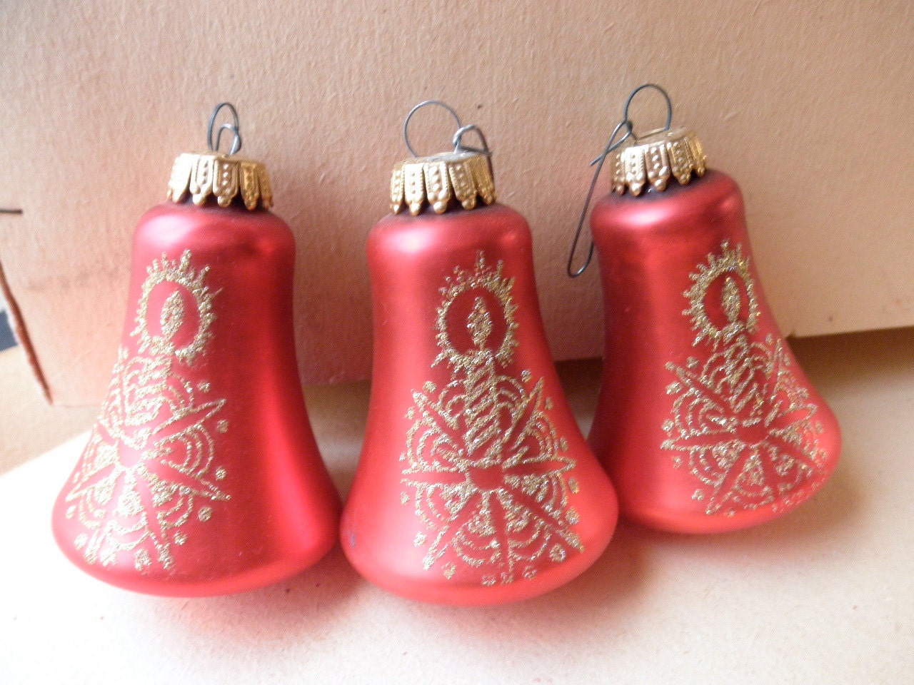 3 vintage GLASS TREE ORNAMENTS -bells, red, Made in West Germany