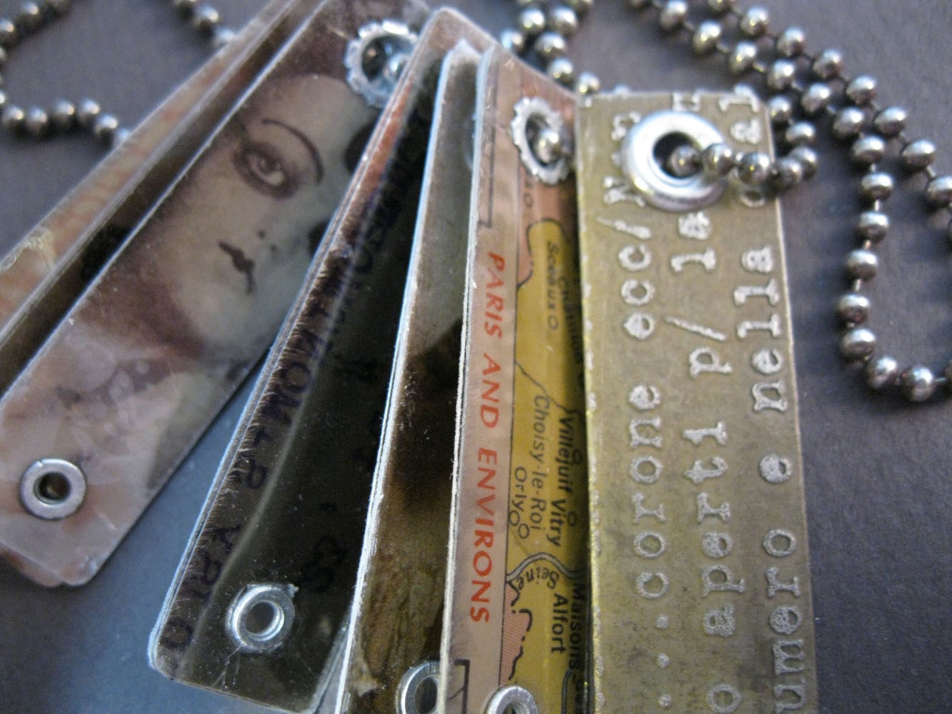 RESERVED for linda - handmade dogtag necklace - vintage PARIS theme - etched metal, collage, mica, sterling silver - send in the CLOWNs