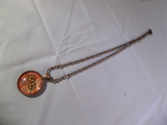 Necklace Round copper glass 3 gear orange pattern