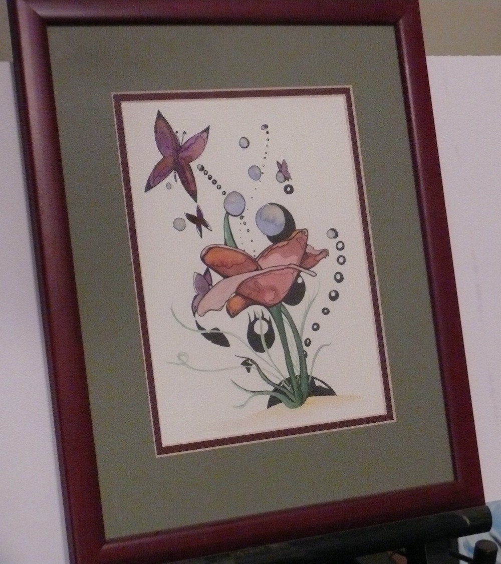 poppy ink ORIGINAL framed watercolor