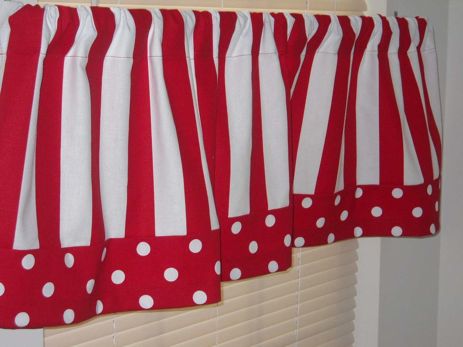 Red and White Stripe and Polka Dot Valance Curtains One Set: Two Valances