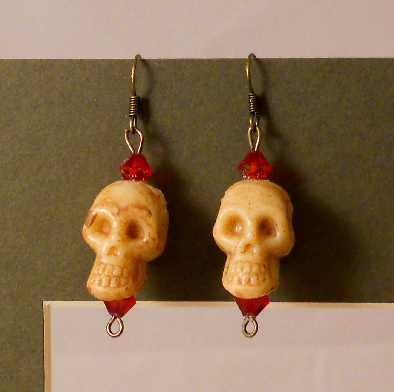 Blood Red SWAROVSKI Crystals and SKULLS Dangling Earrings -- 3D Halloween Gothic Jewelry Bones Beaded Steampunk