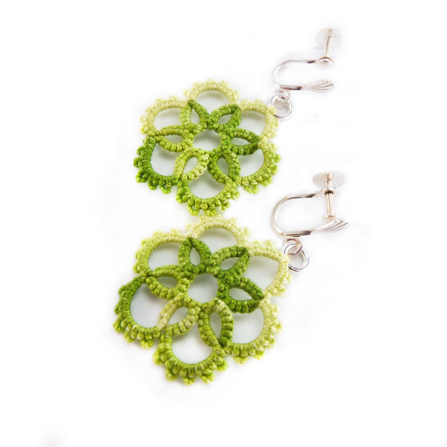Green tatted lace earrings screw on