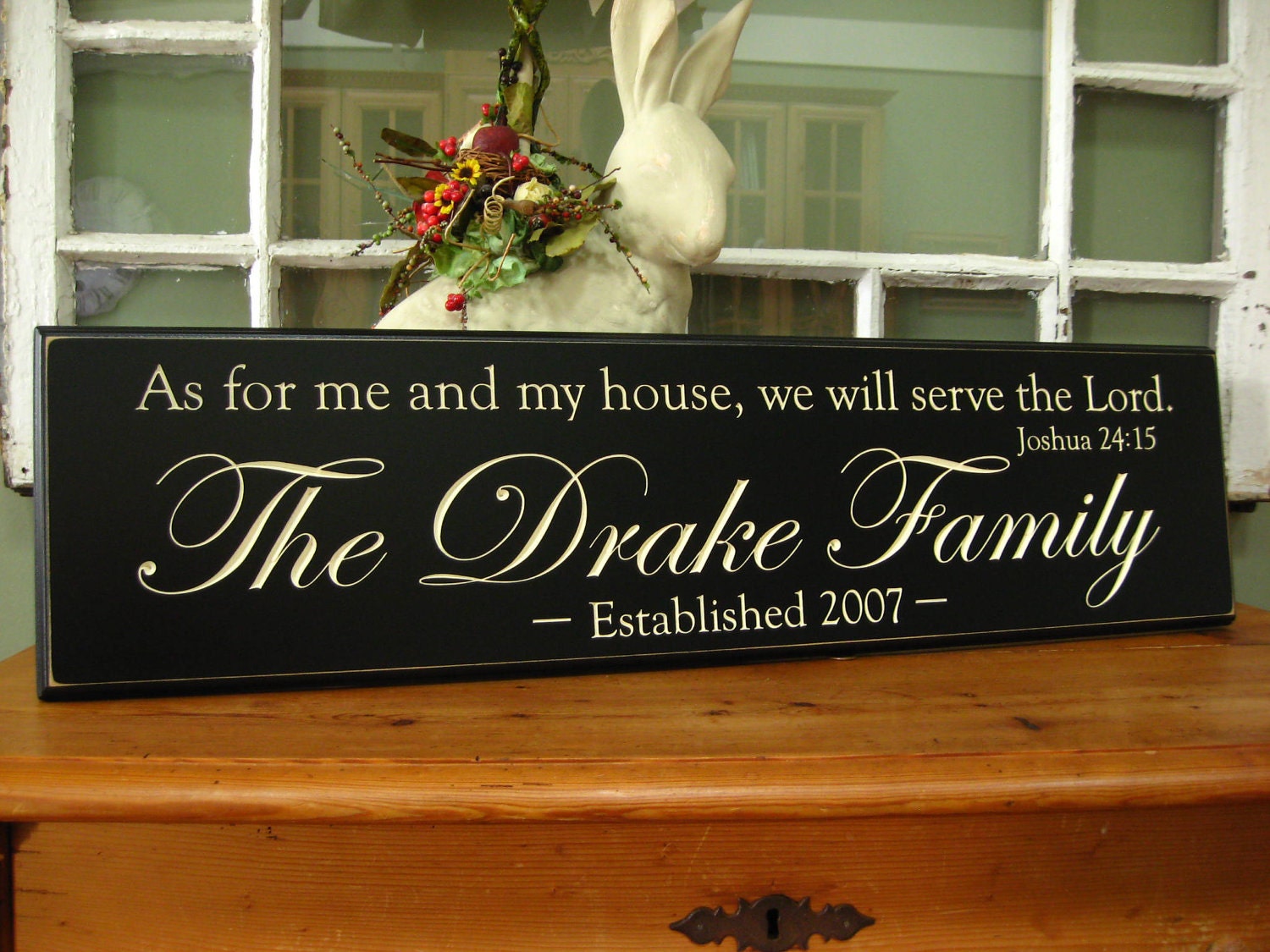 Verse: As for me and my house, we will serve the Lord"  .....Carved Personalized Family Name Sign  8 x 30