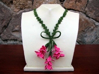 Hot Pink Fuchsia Crochet Flower Pendant With Green Leaves  -Needle Crochet Jewelry-Free Shipping