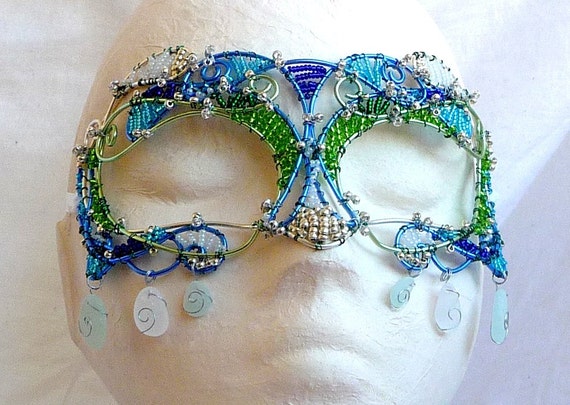 Silver and sea glass womens masquerade mask, costume, accessories, handmade