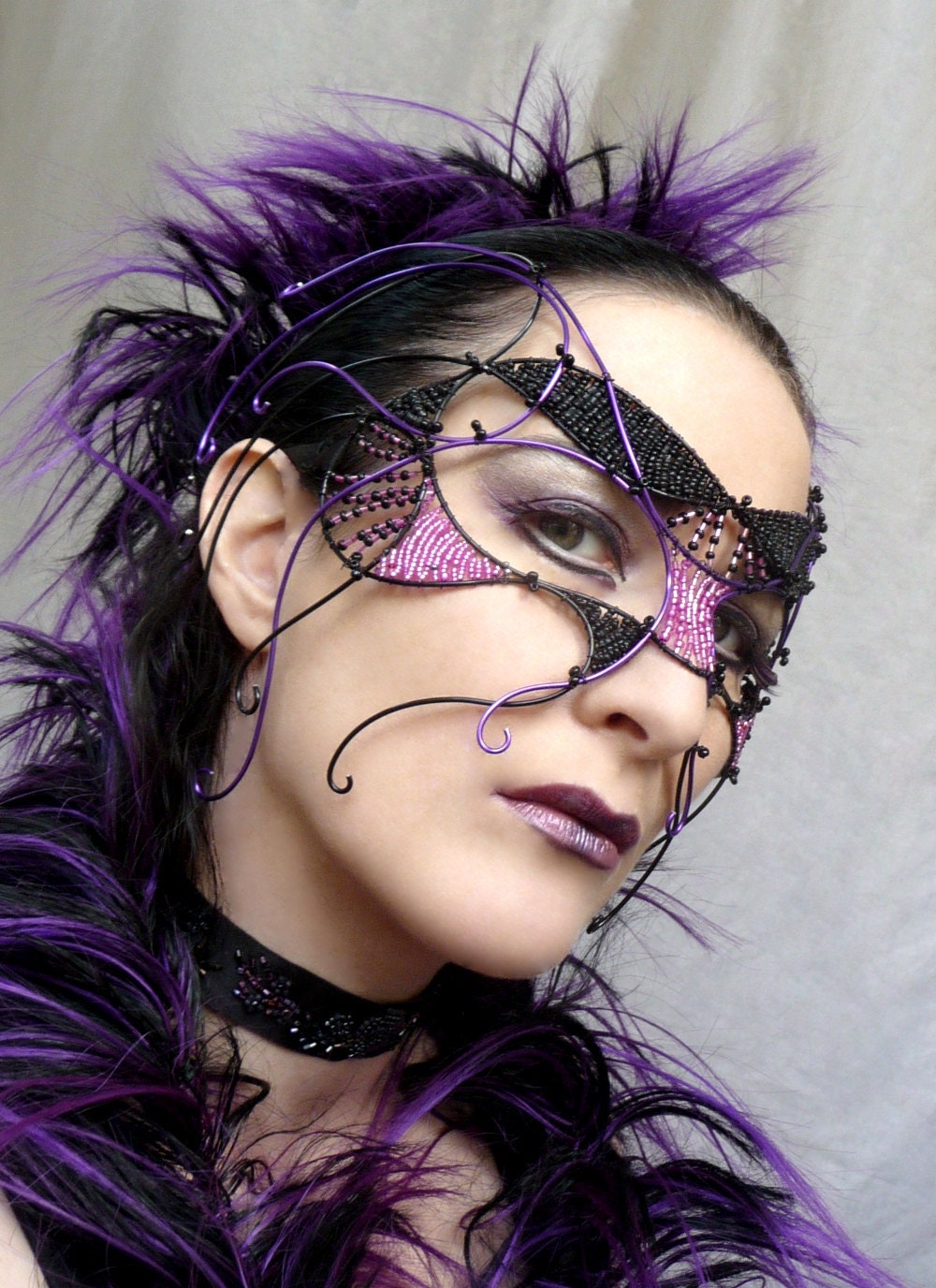 Cyber goth masquerade mask, purple, black, handmade