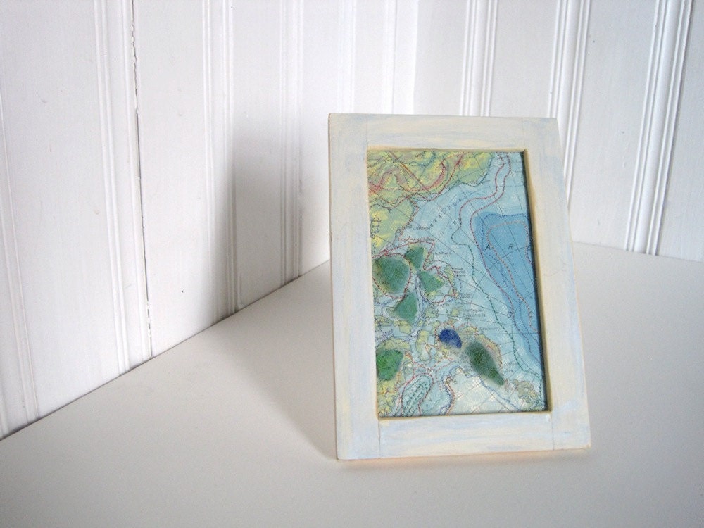 Mixed Media Art  - Altered Map Art with Beach Glass - 5 x 7 inches - Sea Glass Art