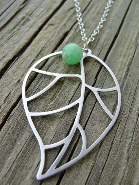 Sale - Silver Open Leaf in Green Necklace - open, airy, gift, mother, sister, daughter, wife, birthday, friend