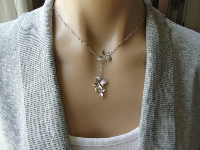 Sale - Silver Orchid Dangle Lariat Necklace -  gift, wife,  birthday, sister, daughter, bridesmaid, mother, romantic