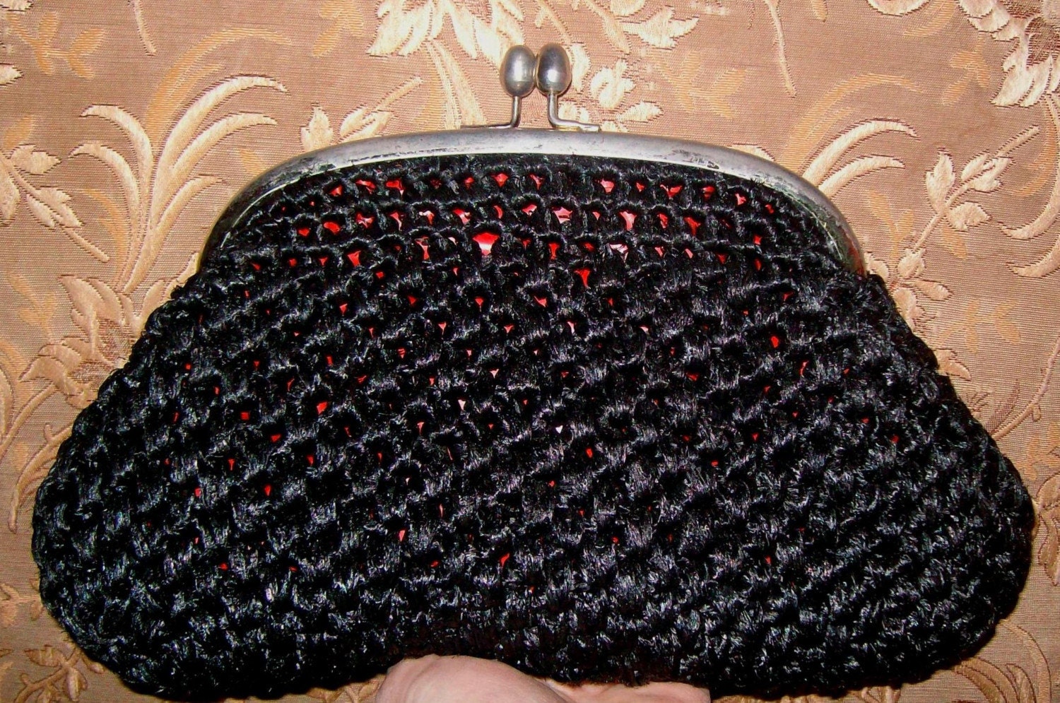 Vintage Black Crochet Raffia Clutch Purse